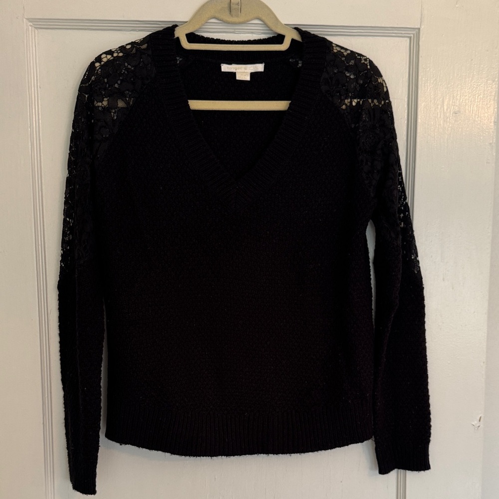 Cooper & Ella Black V-Neck Sweater with Lace Sleeves